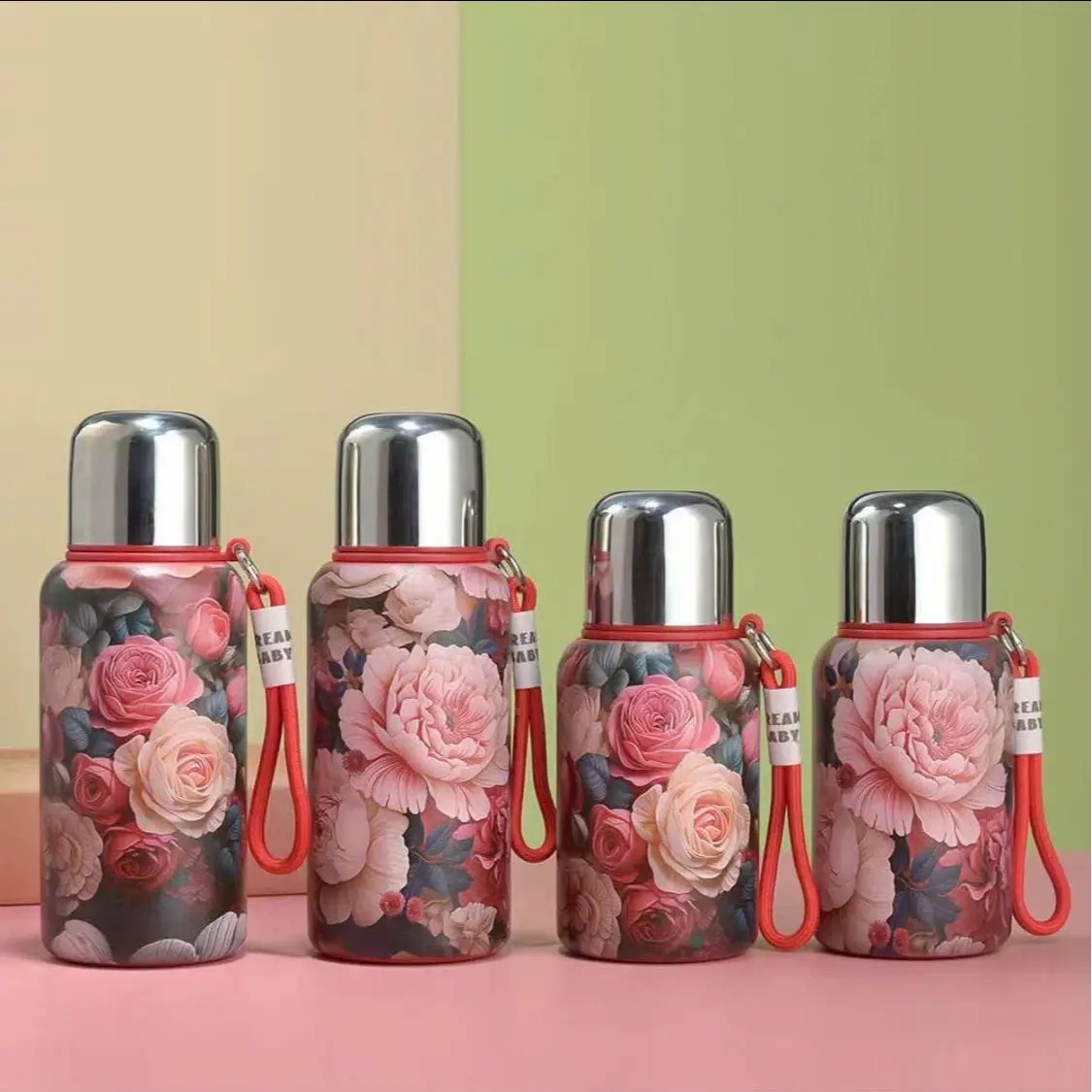 Bình giữ nhiệt in họa tiết hoa hồng hoa mẫu đơn có dây xách -nắp làm cốc uống tiện lợi