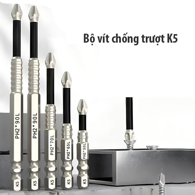 Bộ vít chống trượt K5 - Đầu có từ tính - Thép CRV - Độ cứng cao phù hợp máy vặn ốc máy khoan các loại cờ lê.
