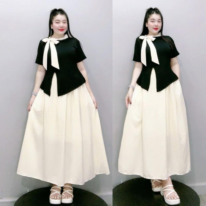 Set bộ Bigsize Nữ tiểu thư áo kiểu cột nơ xẻ tà kèm chân váy dài hai lớp qua gối co giãn thoải mái thanh lịch- SET848