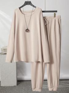 【Plus Size】 Solid Long Sleeve Top & Drawstring Waist Sweatpants Set, Casual Top & Pocket Jogger Pants, Women's Spring & Fall Lounge Clothes, Co Ords for Women