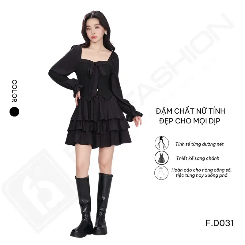 Đầm Xinh, Váy Dáng Ngắn Cổ Vuông FALI Tay Loe Phong Cách Thanh Lịch Mùa Thu Đông F.D031 1