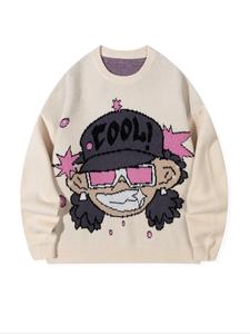 Men's Cartoon Character Jacquard  Drop Shoulder Sweater, Loose Casual Long Sleeve Round Neck Jumper for Spring & Fall, Fashion Men's Knitwear for Daily Wear