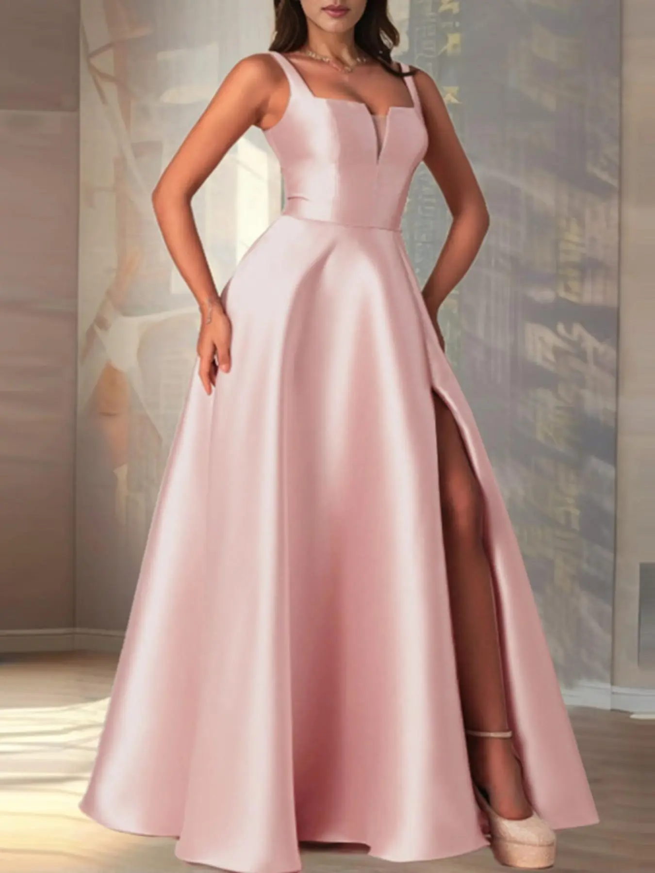 Women's Plain Square Neck Dress, Elegant Long Dress for Evening Party Club Dating Wear, Ladies Clothes for All Seasons