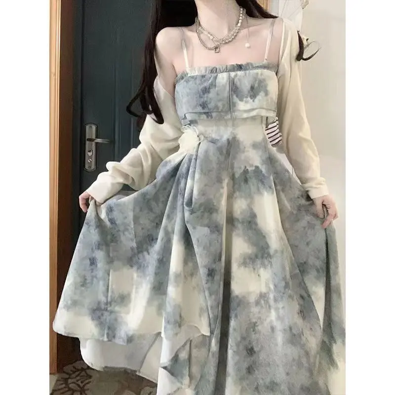 Bộ Đồ Mặc Phong Cách Nhẹ Nhàng Cho Nữ, Áo Cardigan Chống Nắng Loại Mỏng Mùa Hè, Phong Cách Hàn Quốc, In hình Mực, Váy Hai Dây Bó Sát Mỏng, Phù Hợp Với 13000 Người Vinh Danh