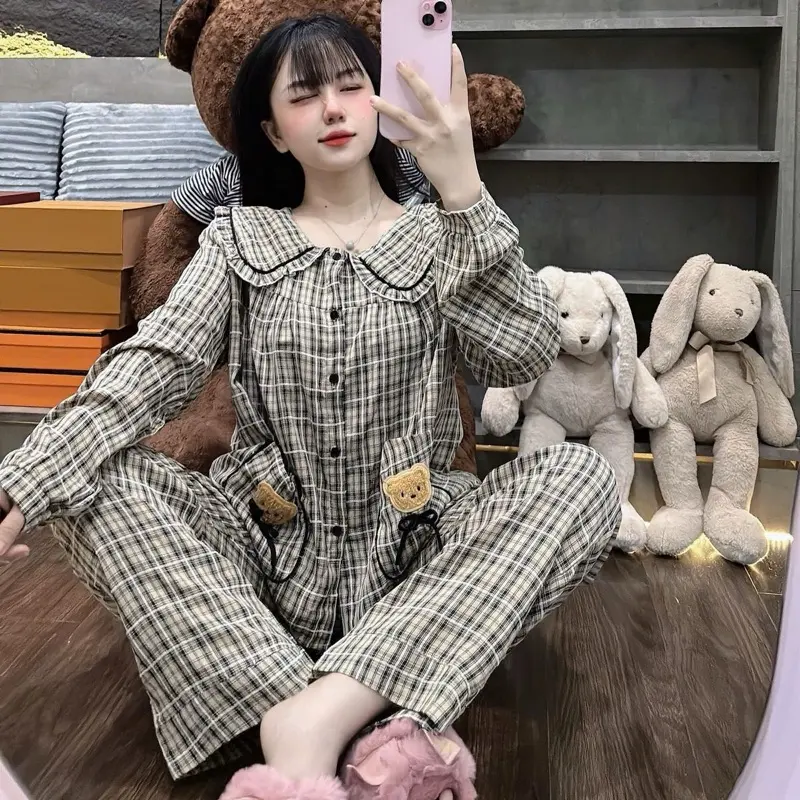 Pijama Nữ TD Kẻ Ô Đũi 2 Túi Gấu 40-57kg 1m50-1m60