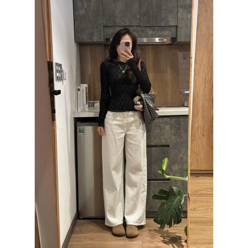 DiipStore - Quần Jeans Trắng Ống Rộng Suông Dáng Dài Cạp Cao Basic Nữ 4