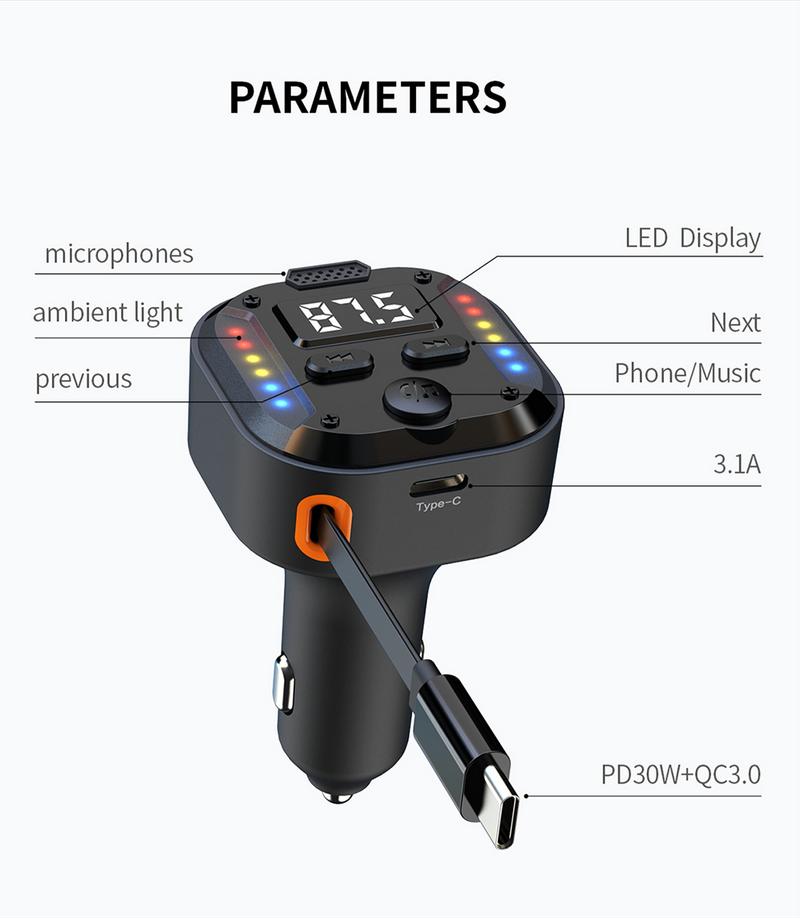 Product Introduction of Car Bluetooth mobile phone charger retractable car conversion super fast charging one to two flash charging storage charging cable 15