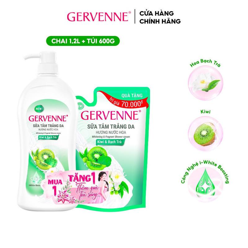 Sữa tắm trắng da Gervenne Kiwi và Bạch Trà 1.2L + Túi sữa tắm 600g (mùi ngẫu nhiên)
