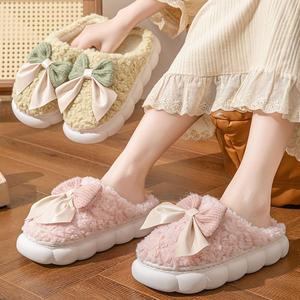 Winter cute bow cotton slippers confinement warm indoor home thick-soled fur slippers