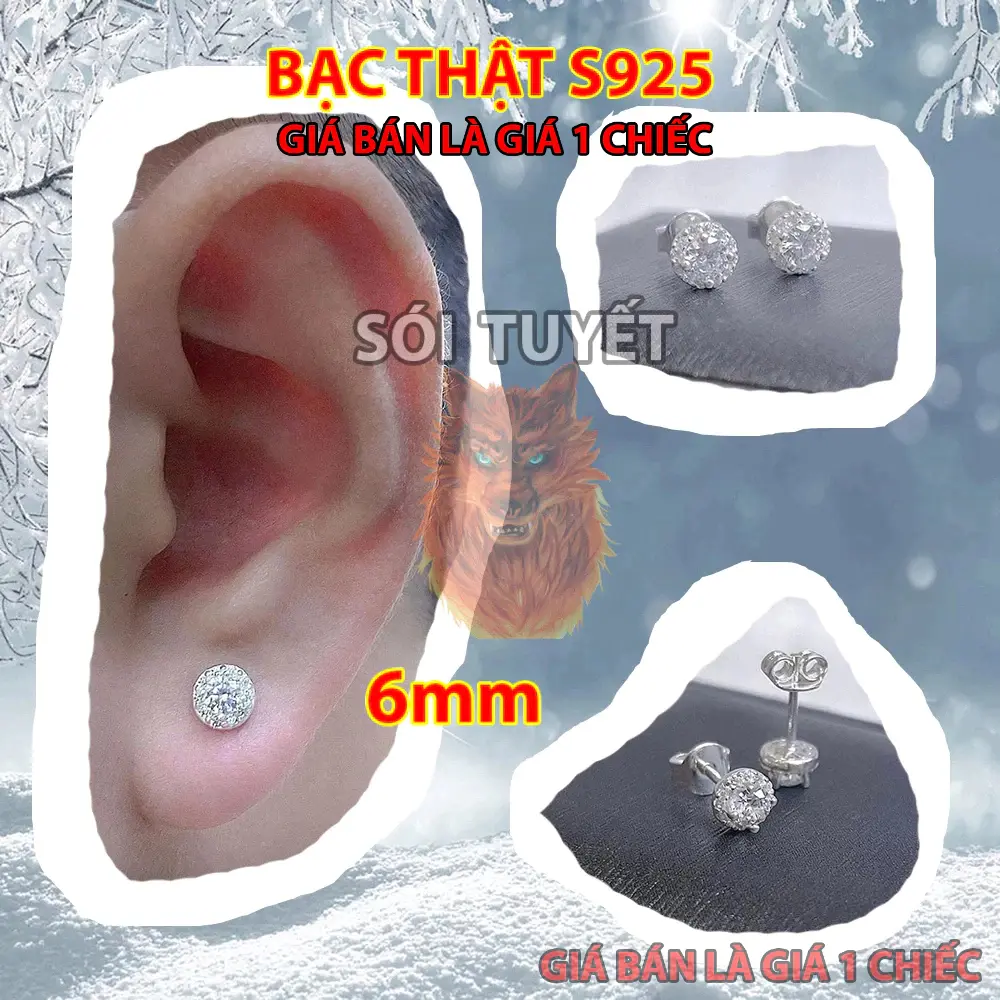 Khuyên tai nam bạc 925 kiểu nụ tròn chốt cài đính đá giá rẻ - Bông tai nam bạc thật 925 | Sói Tuyết STJ 102