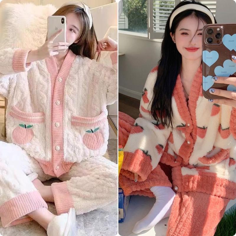 [QC]Bộ ngủ nữ dài tay quần dài ĐÀO chất lông mềm mại ấm áp mùa đông Women Quần Ngủ Áo đồ ngủ dễ thương đồ ngủ mặc nhà set đồ ngủ đông choàng