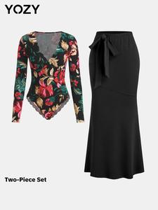 YOZY Women's Floral Print Scallop Trim Bodysuit & Knot Front Skirt Two-piece Set, Long Sleeve V Neck Bodysuit &  Skirt, Women's Clothes for Spring & Fall, Valentine's Day Outfit