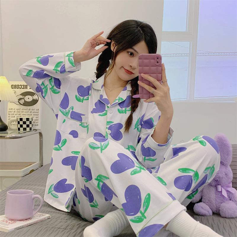 Bộ pijama ngủ nữ tay dài quần dài hoạt hình dễ thương cổ sen mặc nhà kate thô