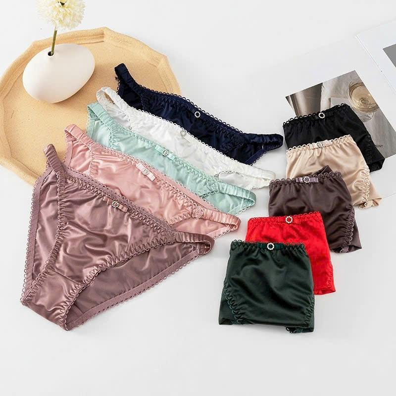 Quần Lót Lụa Satin Dây Sườn Đính Nơ Vòng Hạt Dễ Thương Quyến Rũ Dành Cho Nữ Women Nhung Kem Voi quần lót