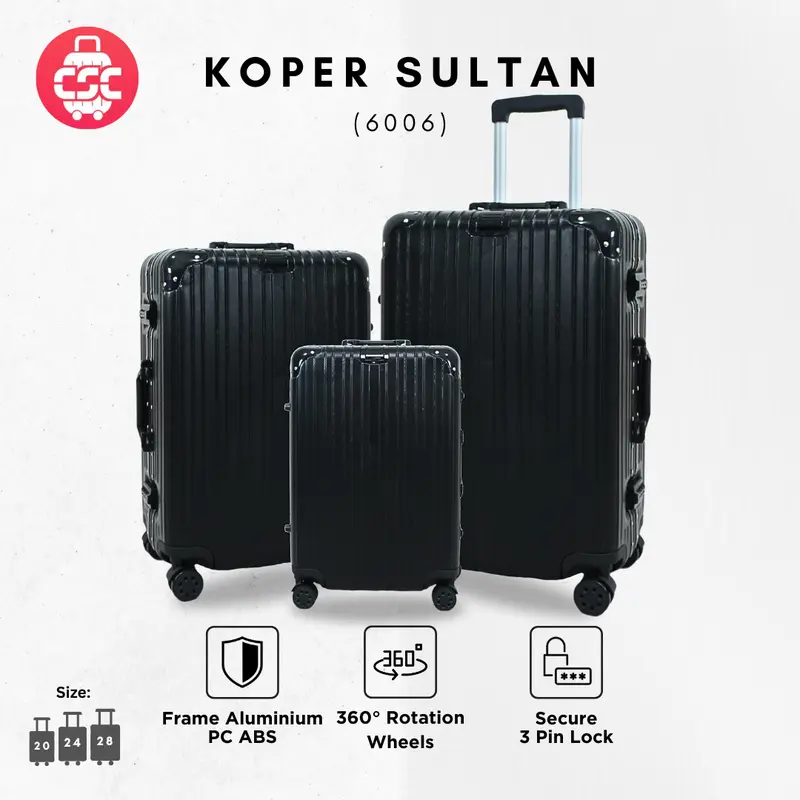 (6006) Koper Sultan Hitam 20, 24, 28 Inch Anti Bump Metal 4 Roda Ganda Putar 360° Smart Lock 0
