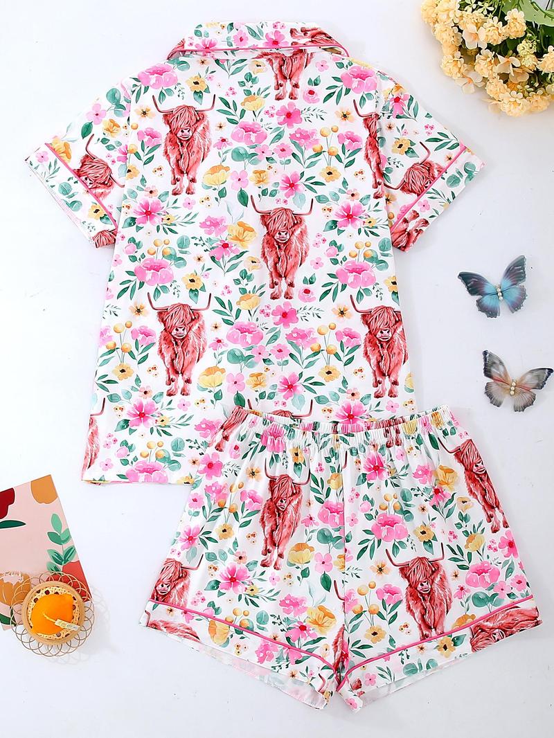 Product Introduction of Women's All Over Print Crop Shirt & Shorts Pyjama Two-piece Set, Casual Comfy Short Sleeve Top & Shorts PJ Set, Ladies Sleepwear for All Seasons 2
