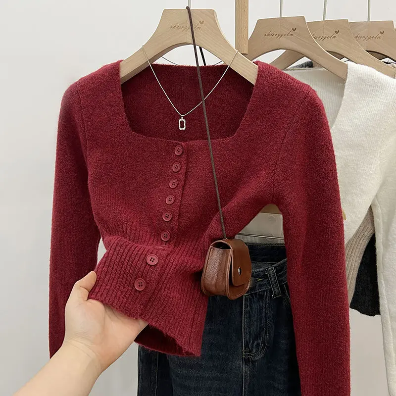 Áo Len Đỏ, Cao Cấp Và Thanh Lịch, Dành Cho Nữ, Thích Hợp Cho Mùa Thu Và Mùa Đông, Ôm Sát Eo, Bó Sát, Cổ Áo Vuông, Áo Cardigan Dệt Kim, Áo Mặc Trong