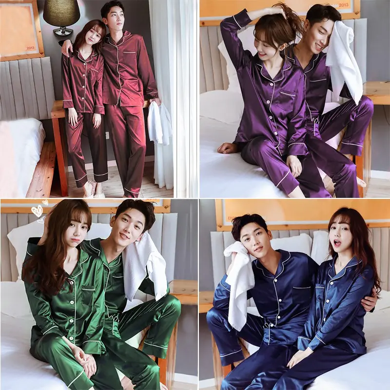 Plus Size M-5XL Couples Silk Satin Pyjamas Set Long Sleeve Sleepwear Female Male Pajamas Suit/Buja Tidur