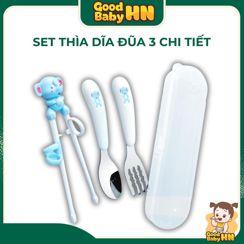  Set thìa dĩa đũa 3 chi tiết tập ăn dặm cho bé  có hộp  D44 