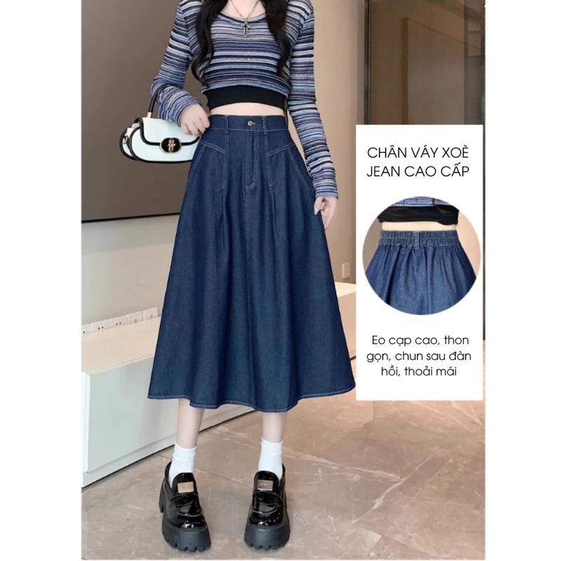 Chân váy xếp ly nữ jean dáng dài cạp cao tôn dáng, chân váy bò xanh xoè hottrend KoKo CVD63