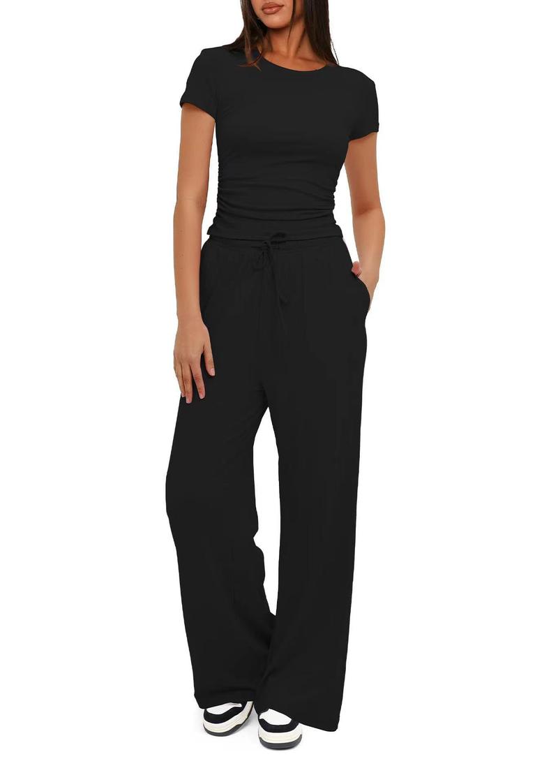 Product Introduction of Women's Solid Round Neck Tee & Pants Loungewear Two/Six Piece Set, Casual Comfy Pyjama Set for Women, Comfy Loungewear Set for Daily Home Wear Pajamas Nightwear Womenswear Pjs Homewear Comfort Hip Basic Black Minimalist women's  tracksuits 2