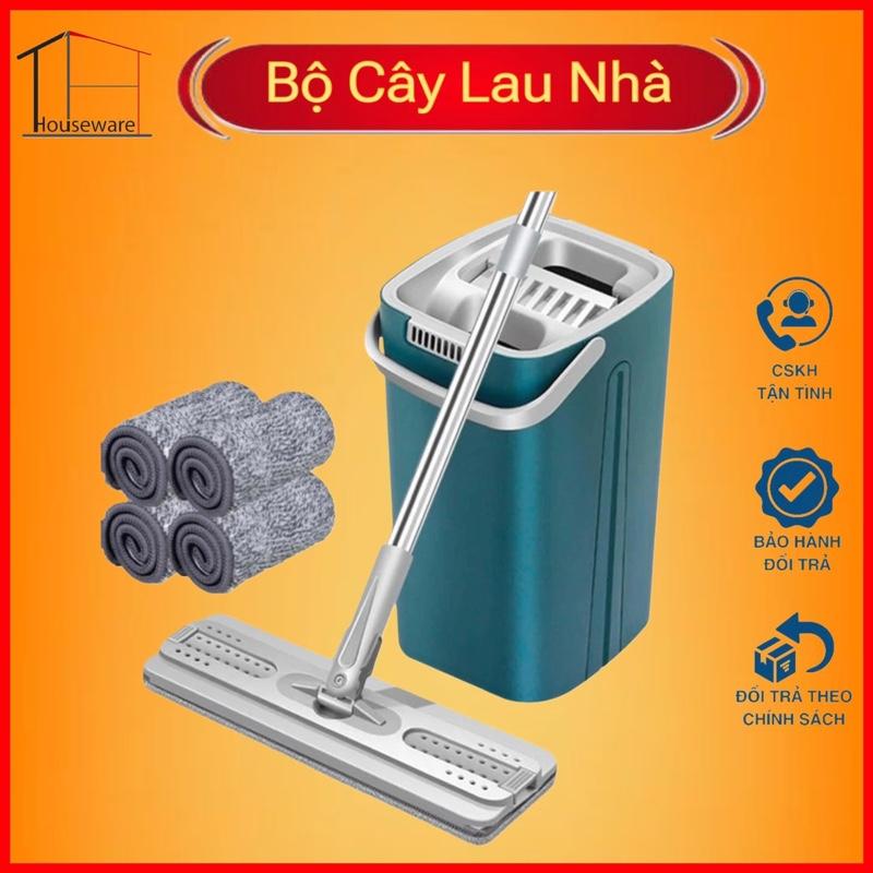 Bộ Cây Lau Nhà( 1 thùng + 1 cây lau + 4 miếng lau) Chổi Lau Nhà Tự Vắt 360 Độ Kèm Bông Lau, Thùng Lau Sàn Làm Sạch Inox thùng nhựa abs có thể xoay thông minh