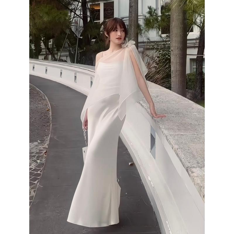 UnihomePREMIUM 40-80Kg Set Đầm Lụa 2 Dây Kèm Áo Choàng Cài Bông Mặc Đi Tiệc Siêu Sang Có BigSize CH331