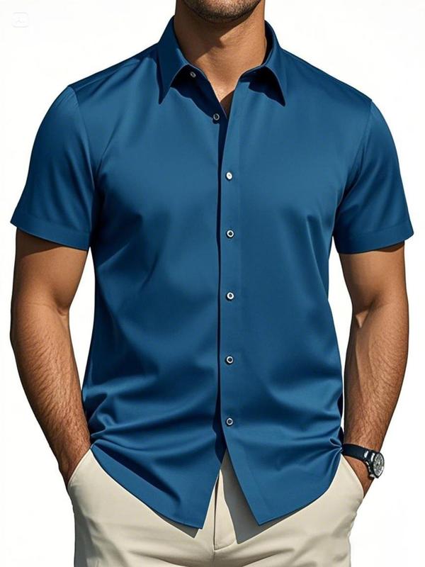 Men's Regular Fit Solid Short Sleeve Shirt, Casual Button Down Collared Top for Summer, Fashion Men's Clothes for Daily Wear 2