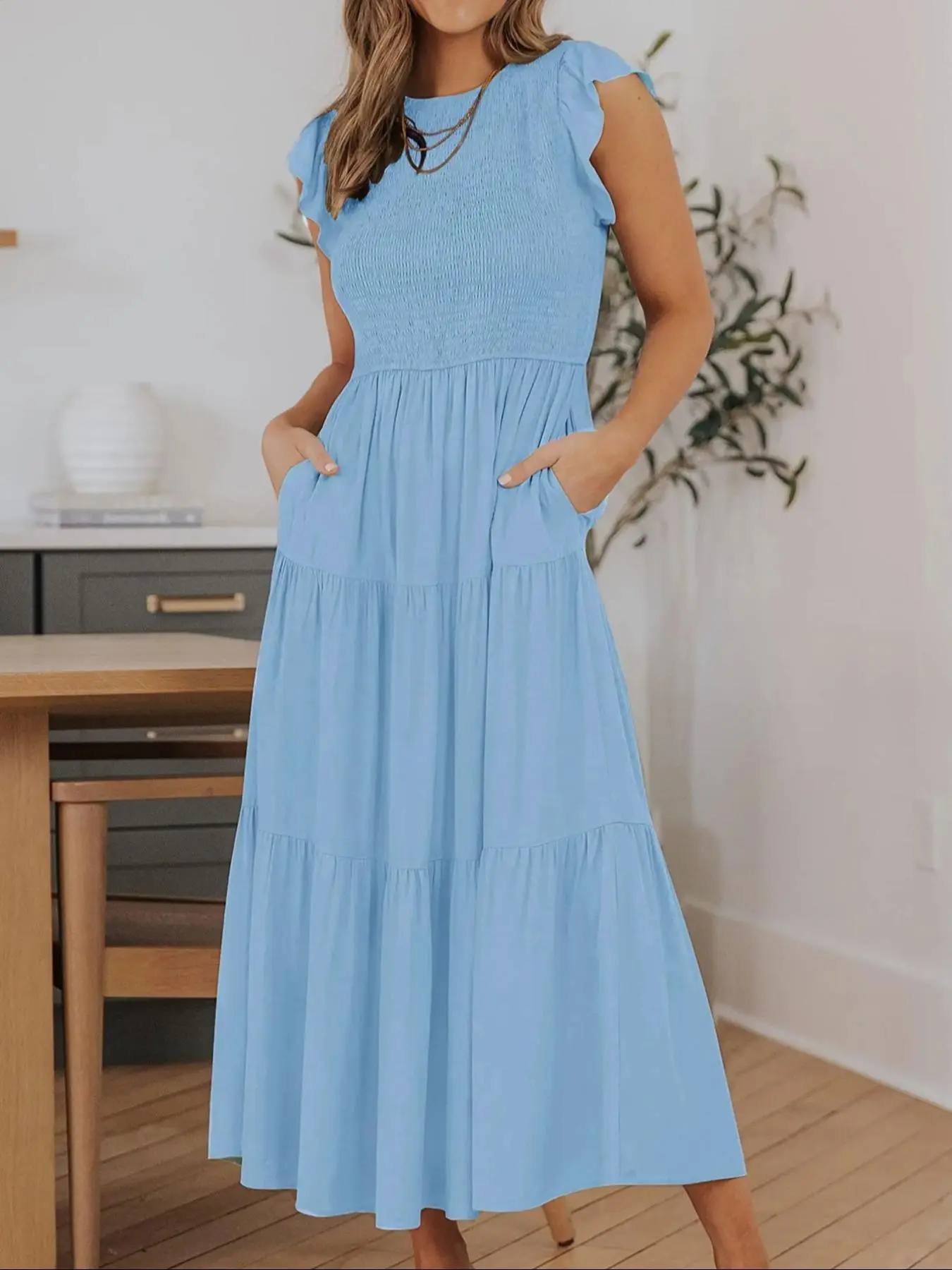 Women's Solid Color Ruffle Trim A Line  Dress, Casual Cap Sleeve  Dress for Summer, Women's Clothing for Daily Wear