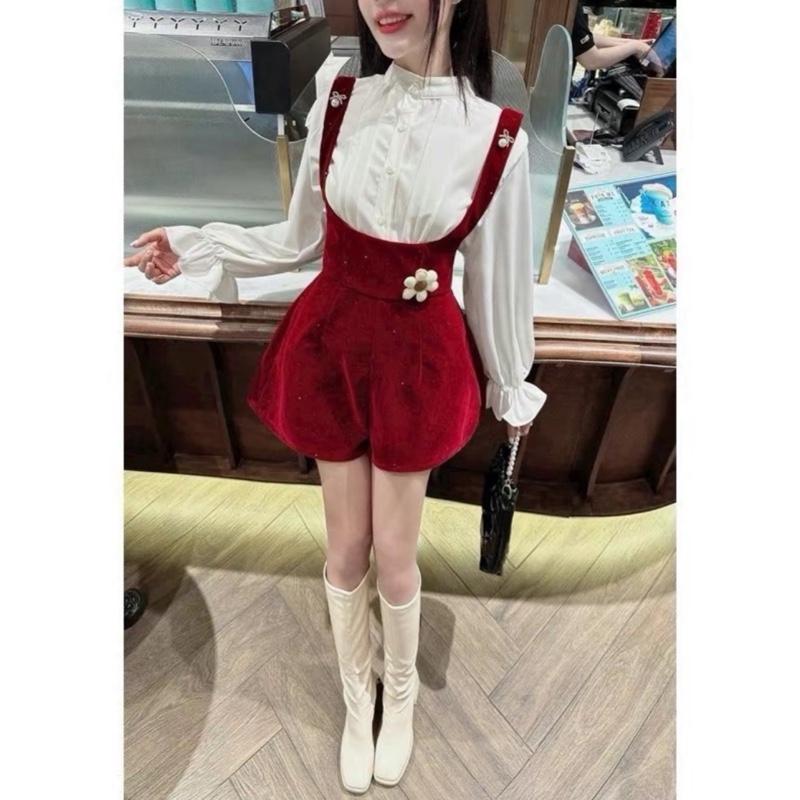  Mèo Mỡ Bigsize — Set bộ yếm nhung cài hoa kèm áo sơmi tay dài bigsize kim sa 60-90kg Women 