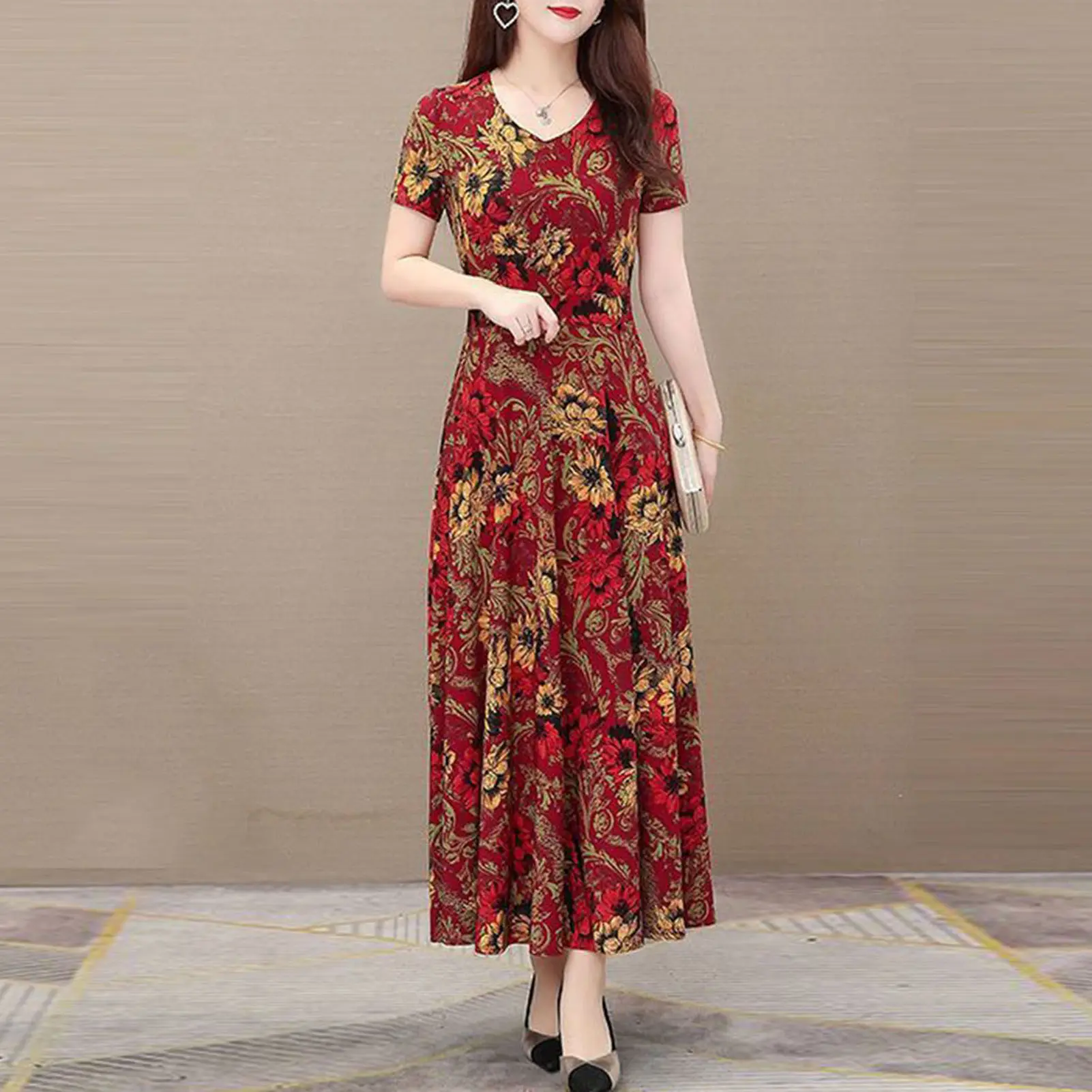 Mieeuo-Váy Maxi Cổ Chữ V In Hoa Cho Nữ, Tay Ngắn, Dài Đến Mắt Cá Chân, Dáng Rộng, Cổ Điển, Áo Chui Đầu Ngoại Cỡ, Quần Áo Mùa Hè