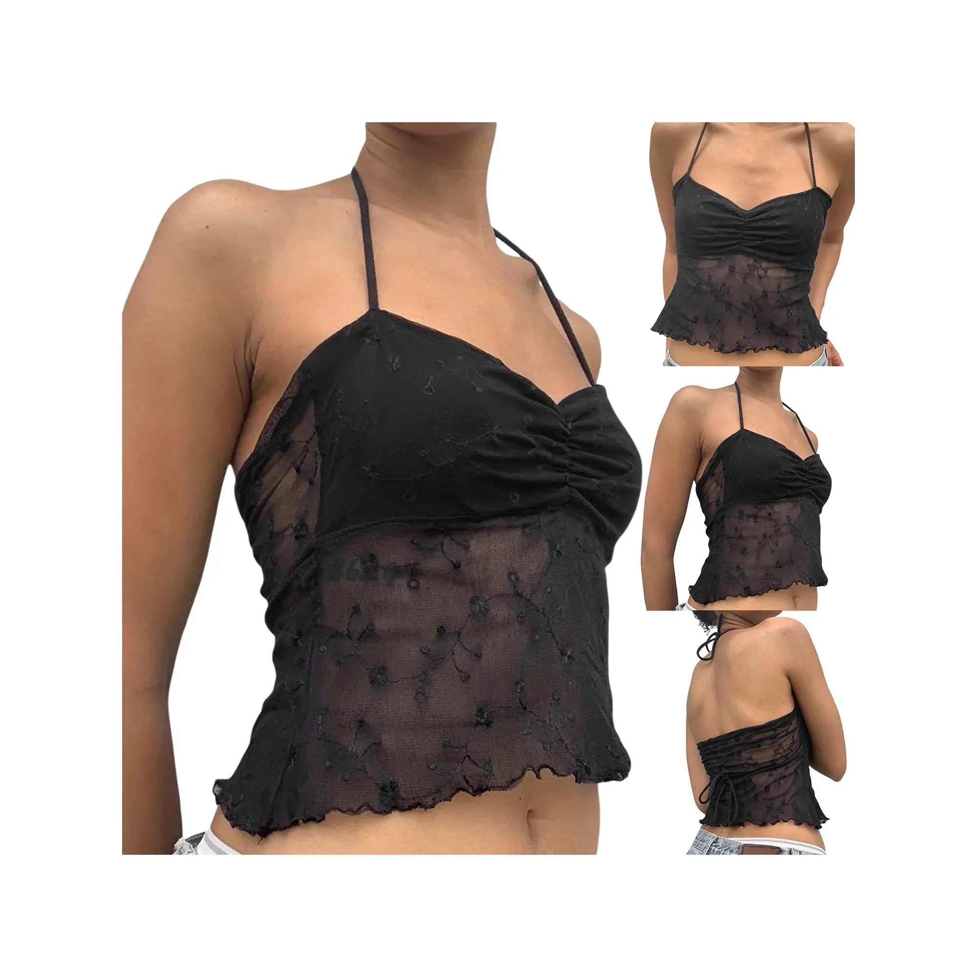 Women Vest, Sleeveless Lacing Halterneck Backless Flower See-through Patchwork Summer Tops