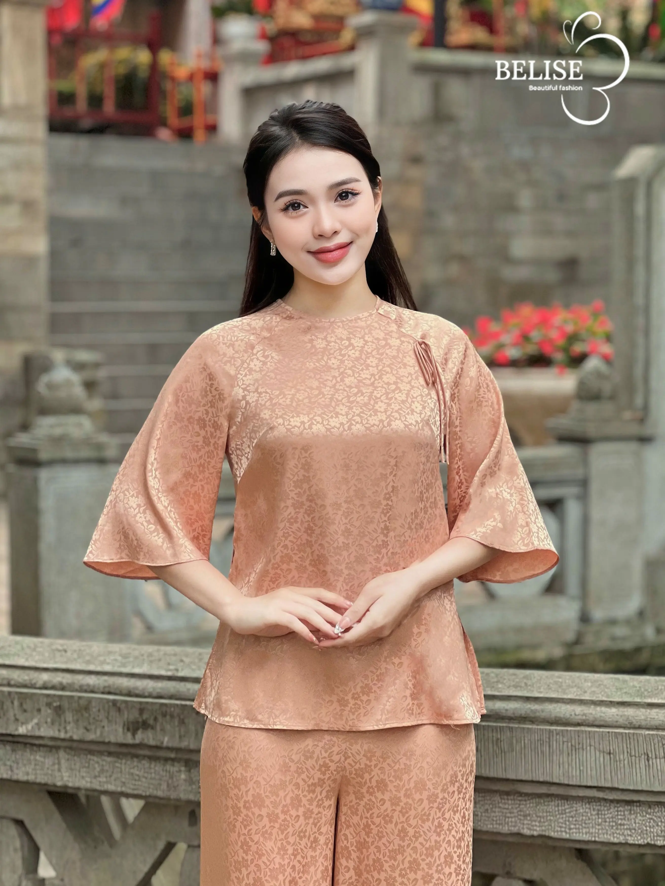 Pháp phục đi chùa lụa gấm vân hoa 2 màu dáng peplum siêu xinh cho nàng - Belise Fashion Nữ Áo Voi Women Tim