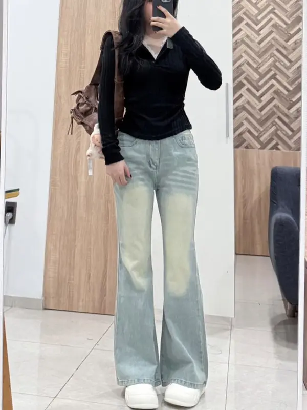 Quần Jean Ống Loe Chất Liệu Không Co Giãn Màu Retro Nữ Women Pants Ong QJ40 3