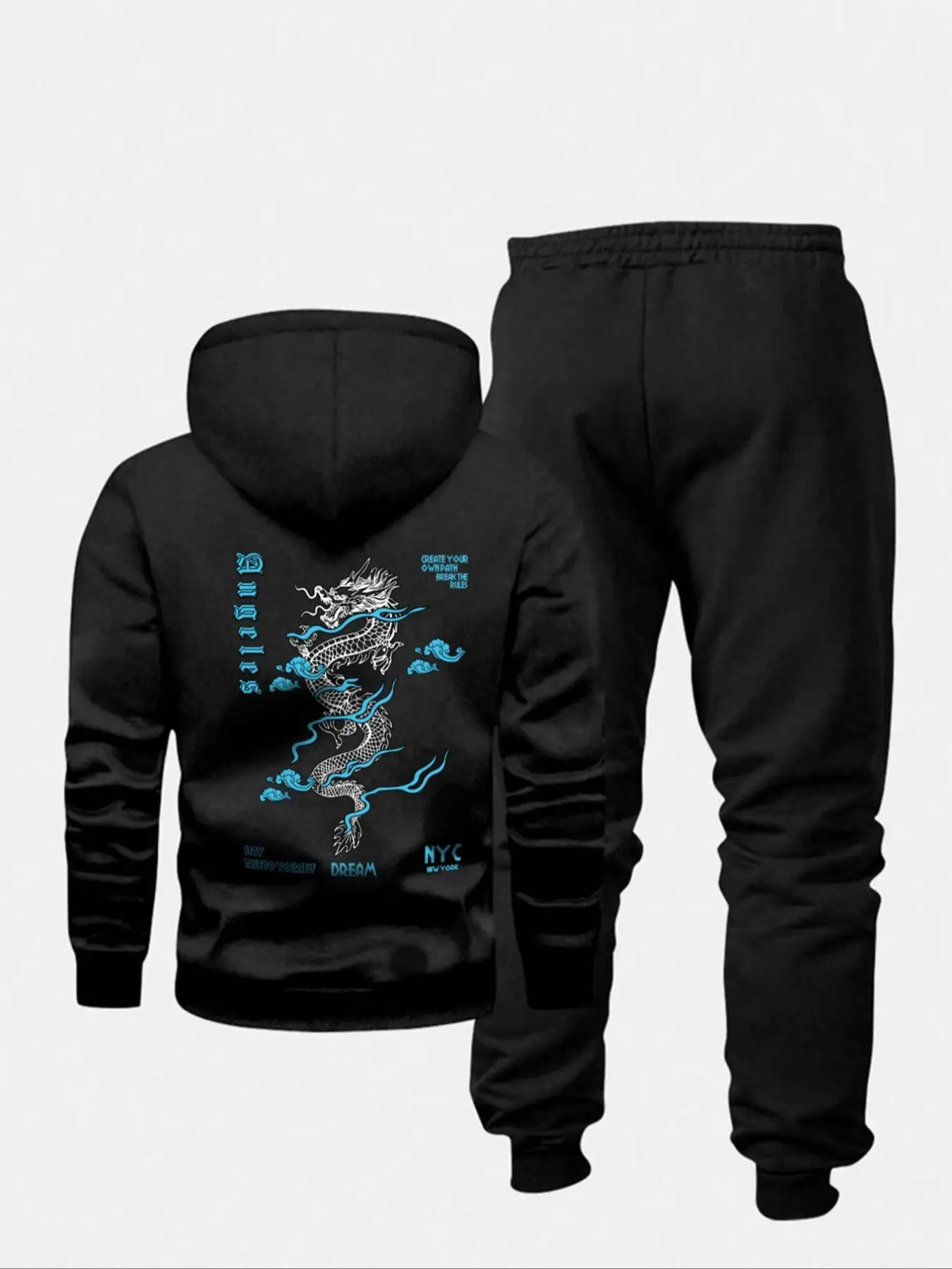 Men's Dragon Print Hoodie & Sweatpants Set, Regular Fit Casual Long Sleeve Hooded Sweatshirt & Jogger Pants, Men's Spring & Fall Clothes