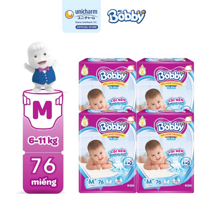 [COMBO 4] Bobby Tã/bỉm dán M76 Siêu khô thoáng lõi nén cotton-soft Cho bé