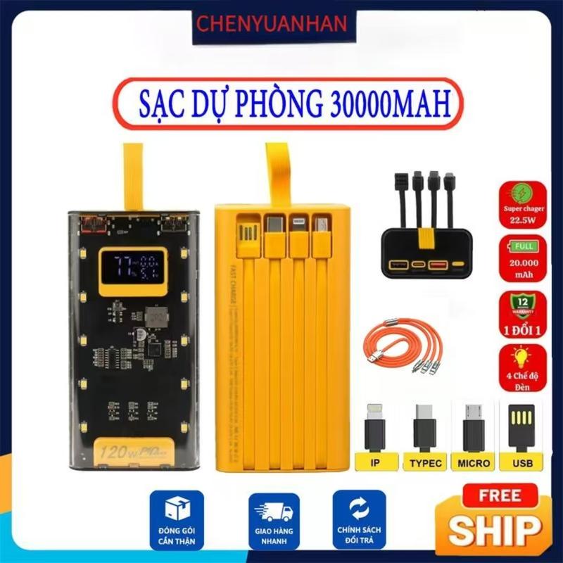 Sẵn Cáp USB Sạc Dự Phòng HB32 30.000MAH Sạc Nhanh PD 120W 20W,Thiết Kế Trong Suốt Có Đồng Hồ Hiển Thị %Pin Hiệu Điện Thế U V Cường Độ Dòng Điện Ampe Có Đèn Ngủ Bảo Hành 12 Tháng Sạc Pin