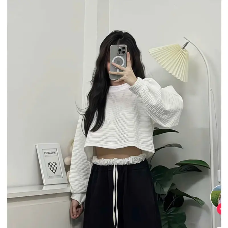 Áo thun nữ croptop xốp nhăn form rộng tay tay bồng áo thun dài tay cổ tròn trẻ trung phong cách Hàn Quốc A540 SUTANO 4