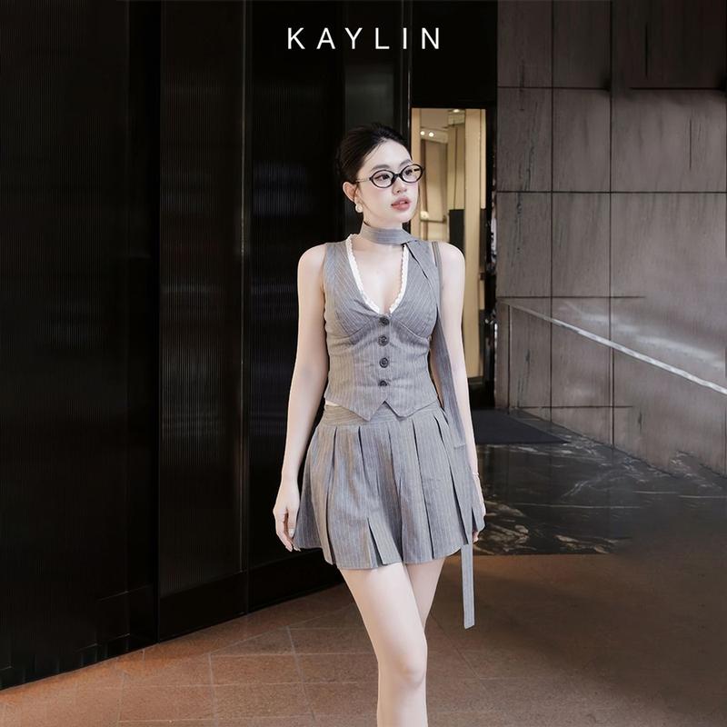 Set KAYLIN Áo Ghi Lê Cổ Ren Phối Chân Váy Xếp Ly Chất Vải Cotton Sọc Phong Cách Tiểu Thư Sang Chảnh - N2319 Nữ Women Top