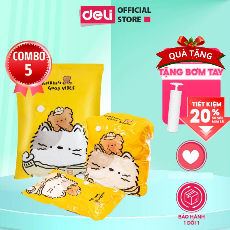 (Tặng bơm tay) Combo 5 túi hút chân không (4 size) đựng quần áo chăn màn Deli, chống nước, tránh ẩm mốc, chất liệu dày gấp đôi van chống thoát khí, chống nước tránh ẩm nấm mốc quần áo, túi đựng chăn màn quần á