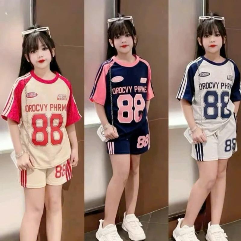 Bộ Quần Áo Thể Thao Mùa Hè Phối Sọc In Số 88 Đầy Cá Tinh Dành Cho Bé Gái 13-43kg Chất Liệu Cotton Su Thoáng Mát Mềm Mịn Thấm Mút Mồ Hôi