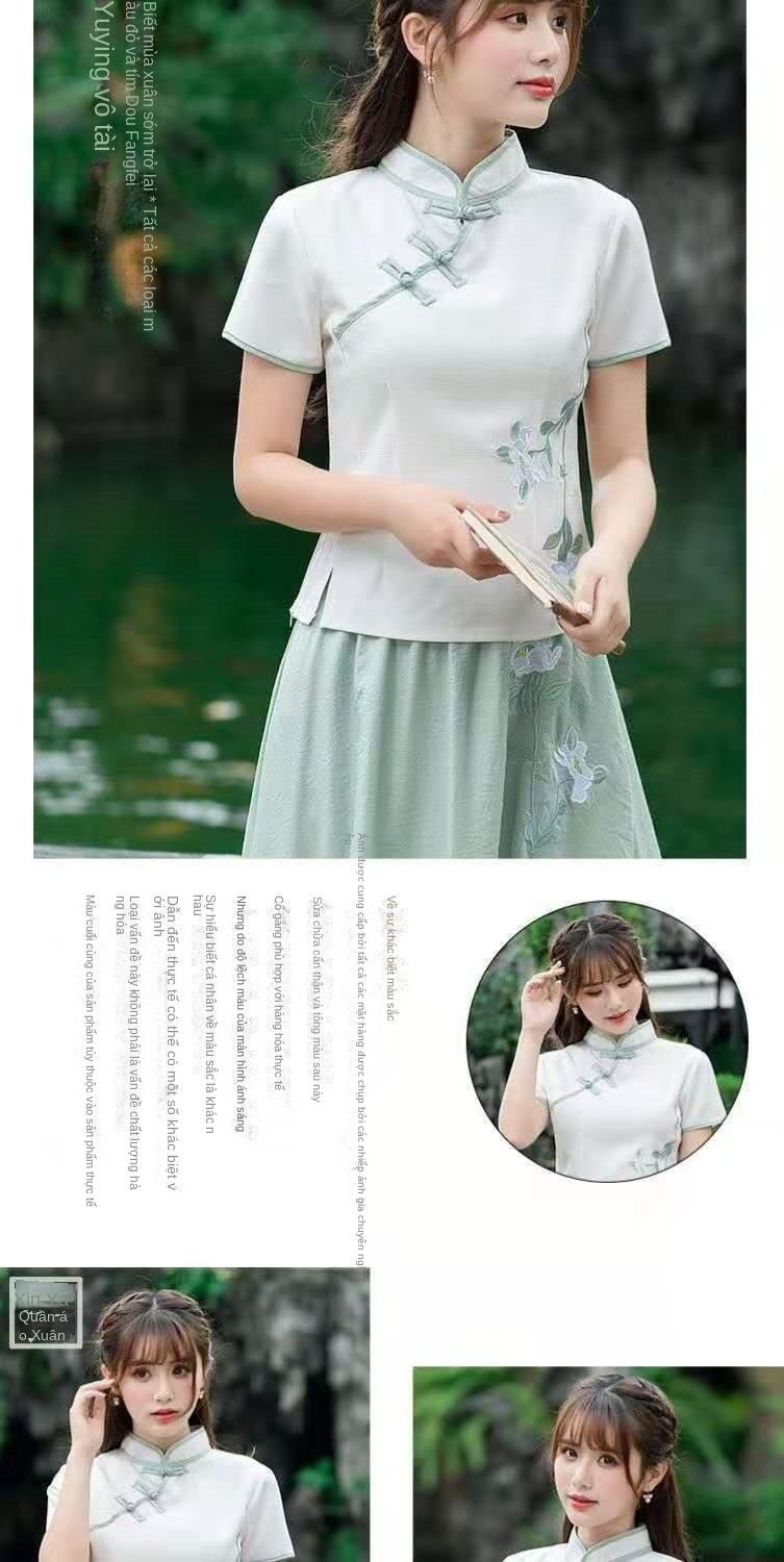 Product Introduction of Bộ Đồ Hai Mảnh Phong Cách Trung Quốc Chất Liệu Vải Lanh Bông Cổ Điển Thiết Kế Có Khóa Kéo, Thêu, ngắn Tay, Thích Hợp Cho Nghệ Thuật Trà, Bộ Đồ Sườn Xám Cải Tiến, Váy, Dành Cho Nữ 4