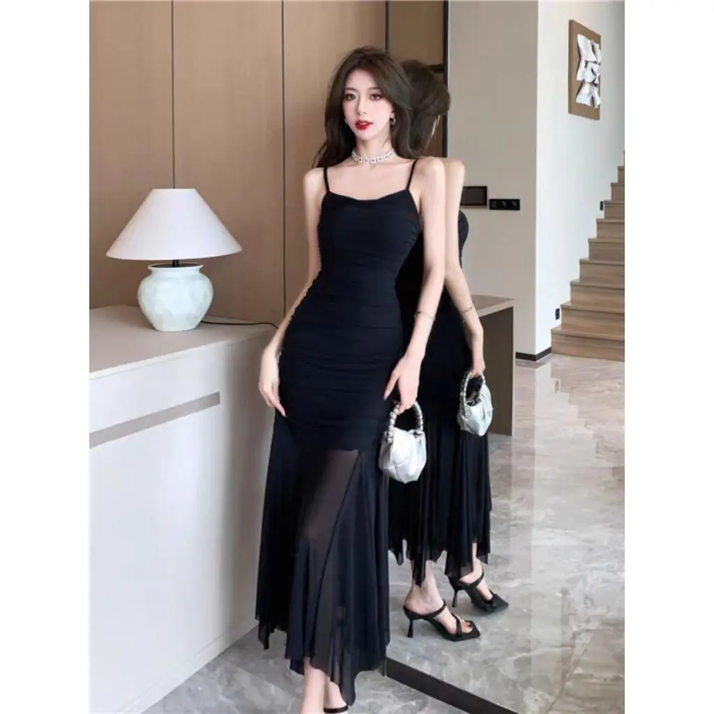 7856 đầm đen sang chảnh dạ hội tiệc cưới sang trọng đầm tiểu thư hack dáng dài trễ vai 2 dây thiết kế