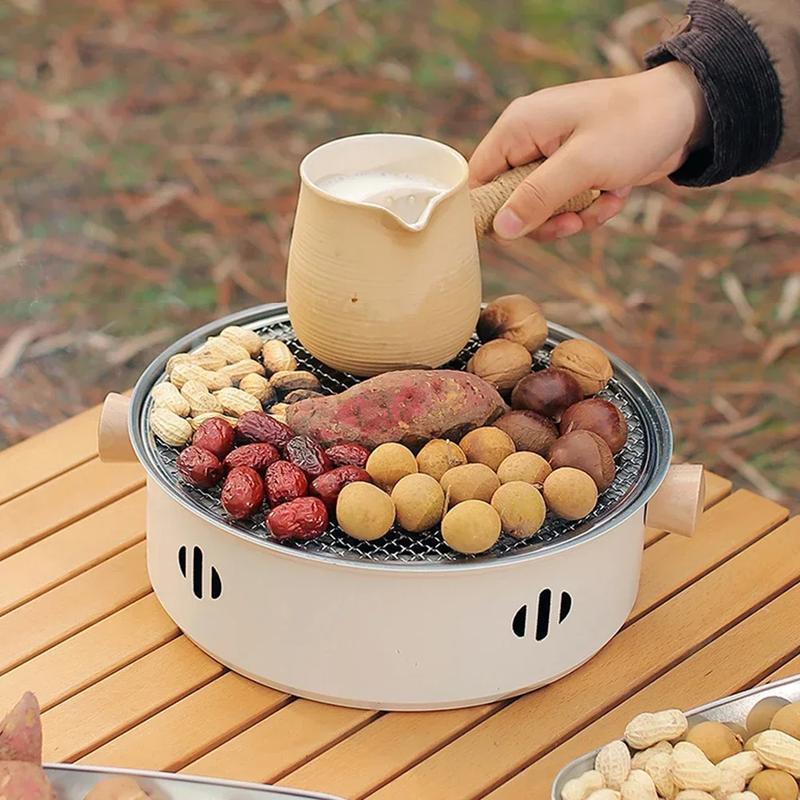 Product Introduction of 28cm (carbon-free) Portable Round Barbecue Grill with Barbed Wire Grill Non-stick Baking Tray Desktop Household Camping Barbecue Tools 7