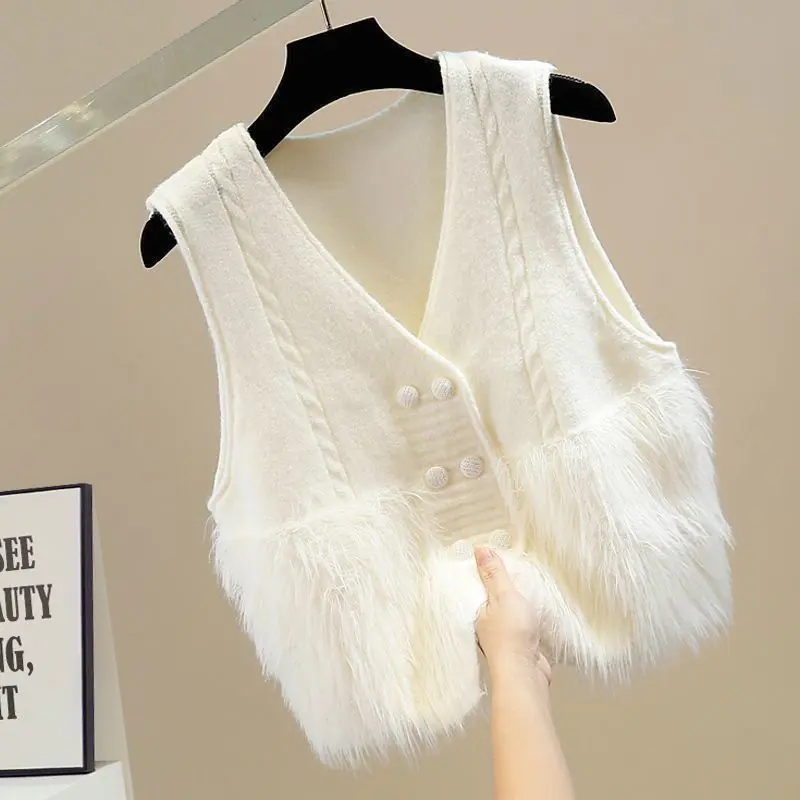 Áo Vest Lông Chồn, Phong Cách Cổ Điển Thanh Lịch, Cổ Chữ V, Dệt Kim, Ngoại Cỡ, Thích Hợp Cho Bé Gái Béo, Hai Ngực, Khâu Lông Thú, Có Thể Mặc Ngoài Trời, 2024, Dành Cho Nữ Women Top