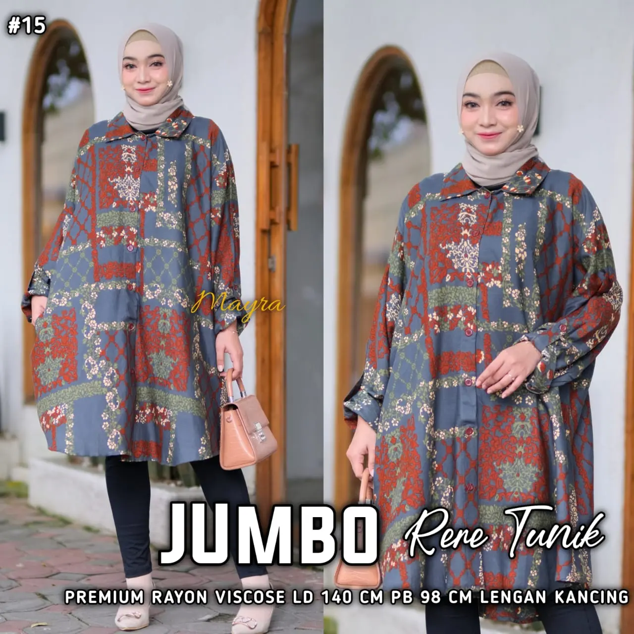 Tunik Jumbo Super Besar LD 140 Muat BB 100 120 Bahan Rayon Adem Dingin Lembut Kancing Motif Muslim Wanita