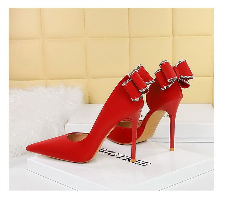 Product Introduction of 626-H36M European and American Style Banquet High Heels Stiletto High Heels Shallow Pointed Toe Side Cutout Rhinestone Back Bowknot Single Shoes kitten  heels 16