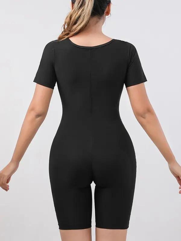 Women's Plain Zip Front Sports Shapewear Romper, 2024 Fashionable Summer New Sporty Tight-fit Tummy Control Short Sleeve Shapewear Jumpsuit, Ladies Sauna Clothes for Workout Gym Exercise Fitness, Womenswear, Tummy Control 1