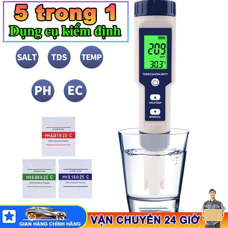 Bút kiểm tra chất lượng nước Máy đo độ mặn của nước 5 trong 1 pH/TDS/EC/độ mặn/nhiệt độ, gồm 3 túi pH tiêu chuẩn