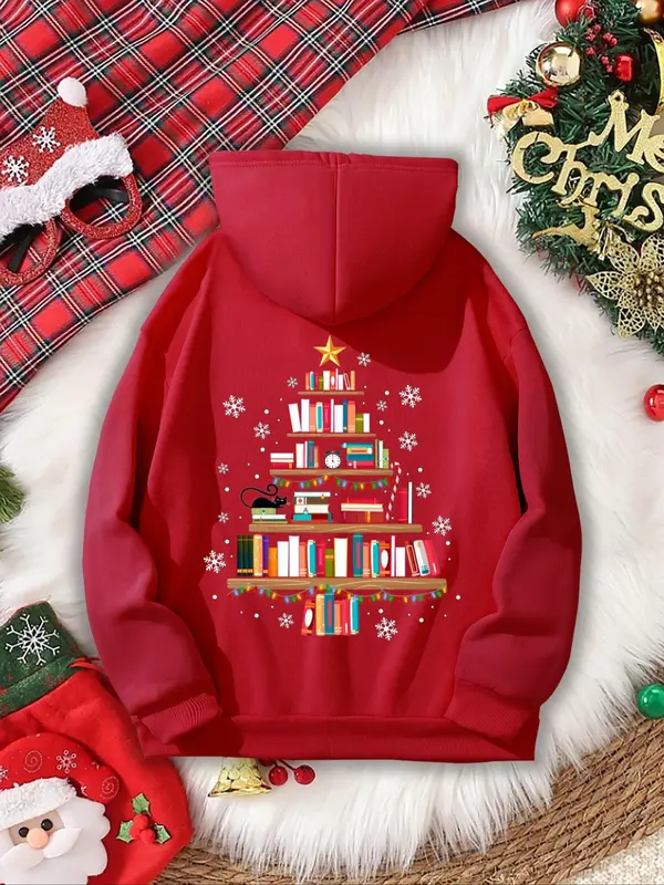 Women's Christmas Tree & Book Print Drop Shoulder Hoodie, Fashion Casual Drawstring Pocket Hooded Sweatshirt for Daily Holiday Outdoor Wear, Women Clothing for Fall & Winter 4